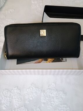 Rachel Cruz Black Leather Zip-Around Wallet with Wristlet Strap
